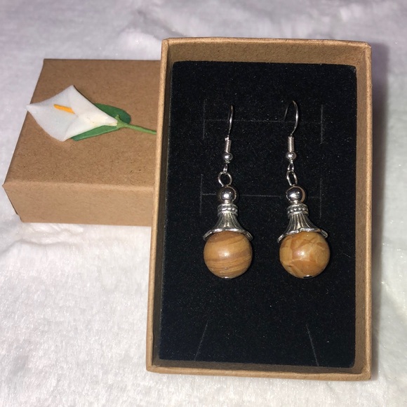 Wood Lace Stone Pendant Fishhook Earrings - Picture 2 of 6